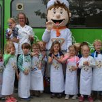 Sabine Möller von Bäcker Körner mit Kindern des evangelischen Kindergartens und dem „Bäckman“