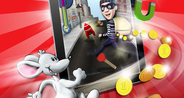 Haspa-Maskottchen „Manni, die Maus“ jagt Räuber in der neuen Spiele-App. (Bild: Haspa)