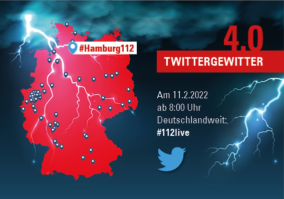 112 und das Twittergewitter 2022 - Bild zum Aktionstag des europäishen NOtrufs. Eine Landkarte deutschlands mit Blitzen. Oben rechts die 4.0. Die Aktion Twittergewitter findet zum vierten mal in Hamburg statt