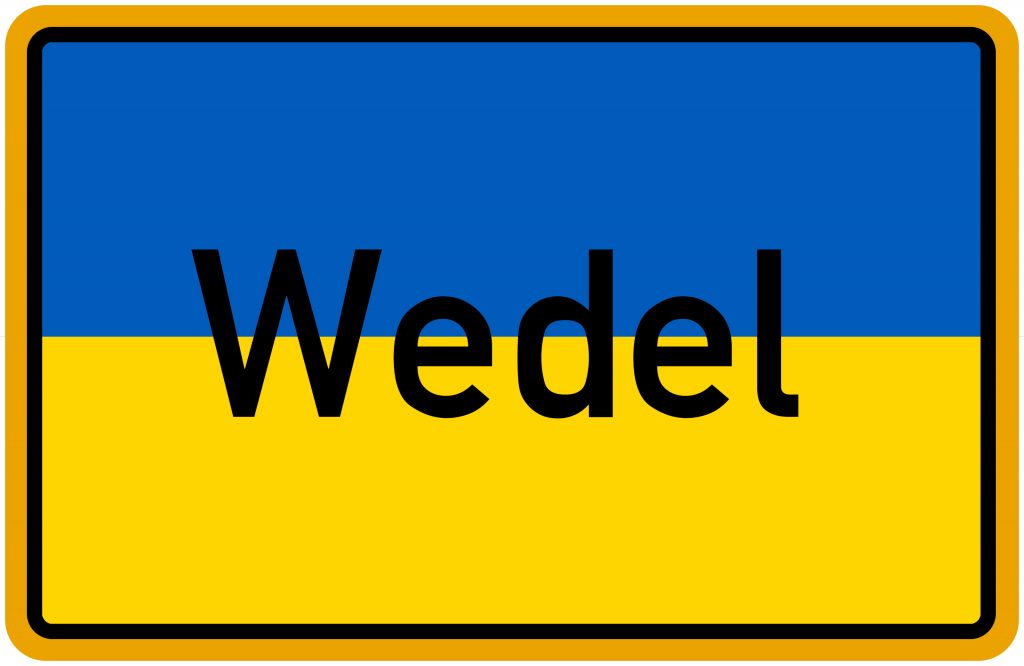 Hilfsangebote Wedel - ortsshcild Wedel mit Ukrainefarben