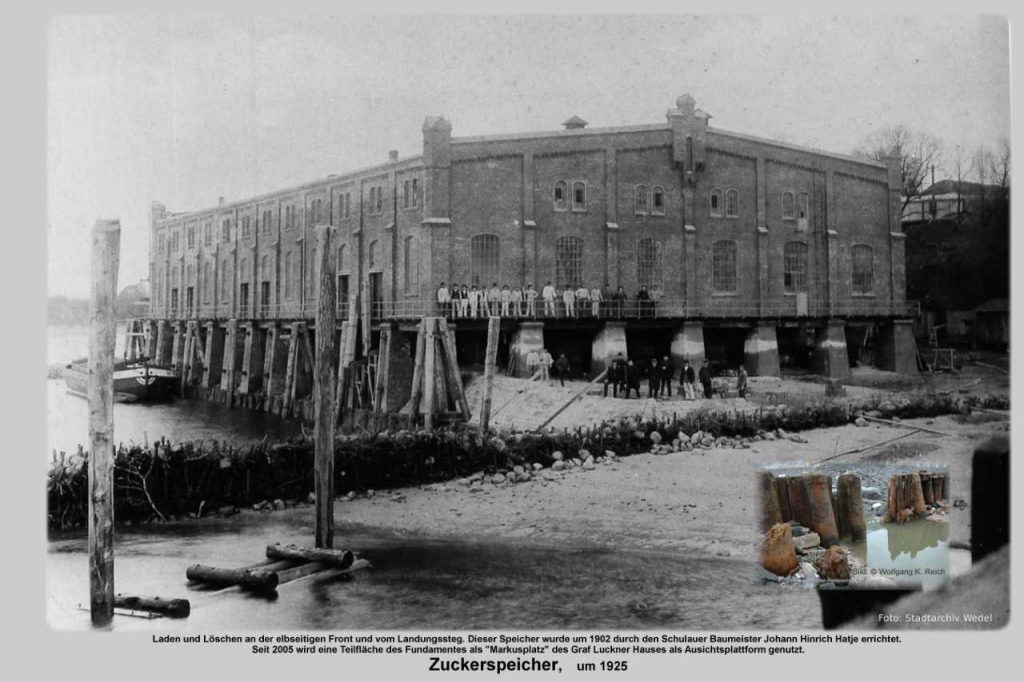 Das Fundament des Zuckerspeichers von 1925 existiert heute zum Teil noch als Aussichtsplattform des Graf-Luckner-Heims an der Elbe. // Bild: Technicon