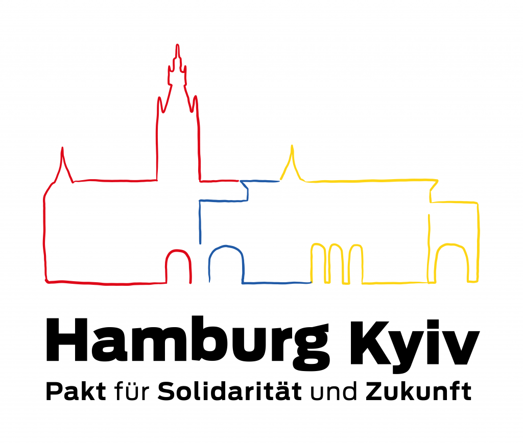 Logo des Pakts zwischen Kiew und Hamburg – Solidarität der beiden Städte – das Logo zeigt Silhouetten beider Städte in den Farben rot, blau und gelb