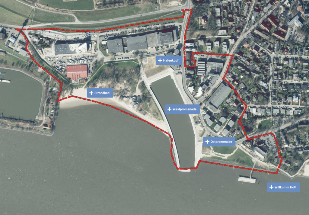 Das Hafengebite und der Bereich der maritimen Meile in Wedel mit den Bereichen Strandbad, Ostpromenade, Westpromenade, Hafenkopf und Wilkomm Höft