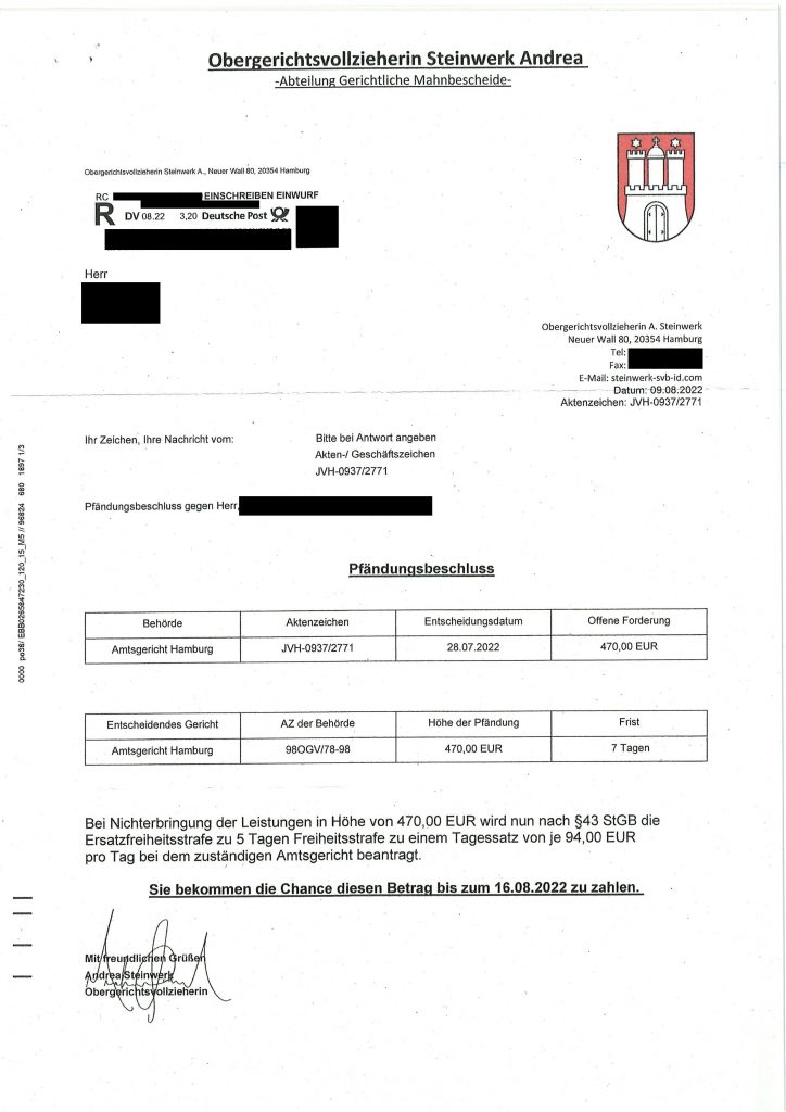 Betrugsmasche - Beispiel eines Schreibens mit falschen Aktenzeichen// Foto: Amtsgericht Hamburg