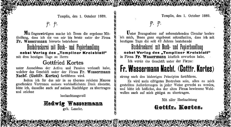 Anzeige aus dem Templiner Kreisblatt vom 1. Oktober 1889 zur Geschäftsübergabe. // Quelle: Stadtarchiv Templin