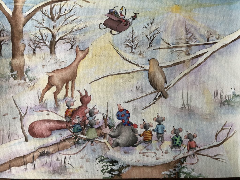 Illustration aus „Kleine Tiere retten Weihnachten“ // Illustration: Wiebke Wollenweber) Die Illustratorin nimtm an der Aktion zum Vorlesetag teil.