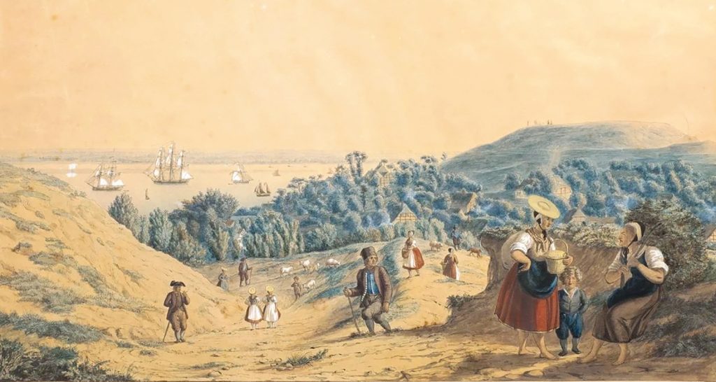 Blankenese an der Elbe, „Aussicht von Herrn Klünders Garten“, Kupferstich von 1820
