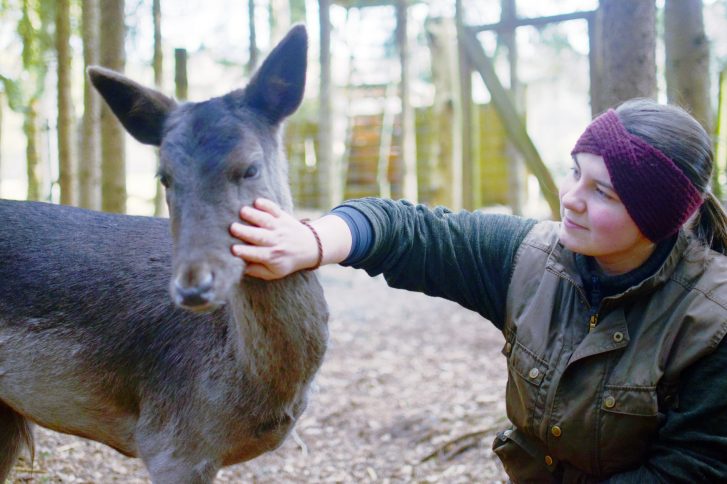 Tierpflegerin Kim Krecklow (26) mit Damhirsch Karl, den sie von Hand aufgezogen hat.