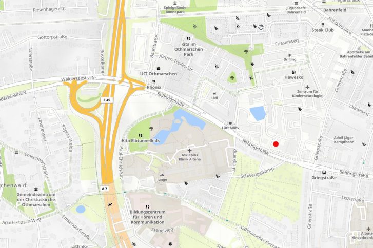 Die Abteilung Gutachten und Gesundheitshilfen sowie die Abteilung Kinder- und Jugendgesundheitsdienst ziehen den neuen Standort an der Behringstraße 122 (Othmarschen). // Quelle: Hamburg Stadtplan - Keyphrase: Gesundheitsamt