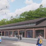 Die neue Außenfasse soll durch große Fenster geprägt sein. Sie ersetzen die Tore der früheren Panzergaragen. // Grafik: arneladedesign/Lawaetz-Stiftung Keyword: Halle 15