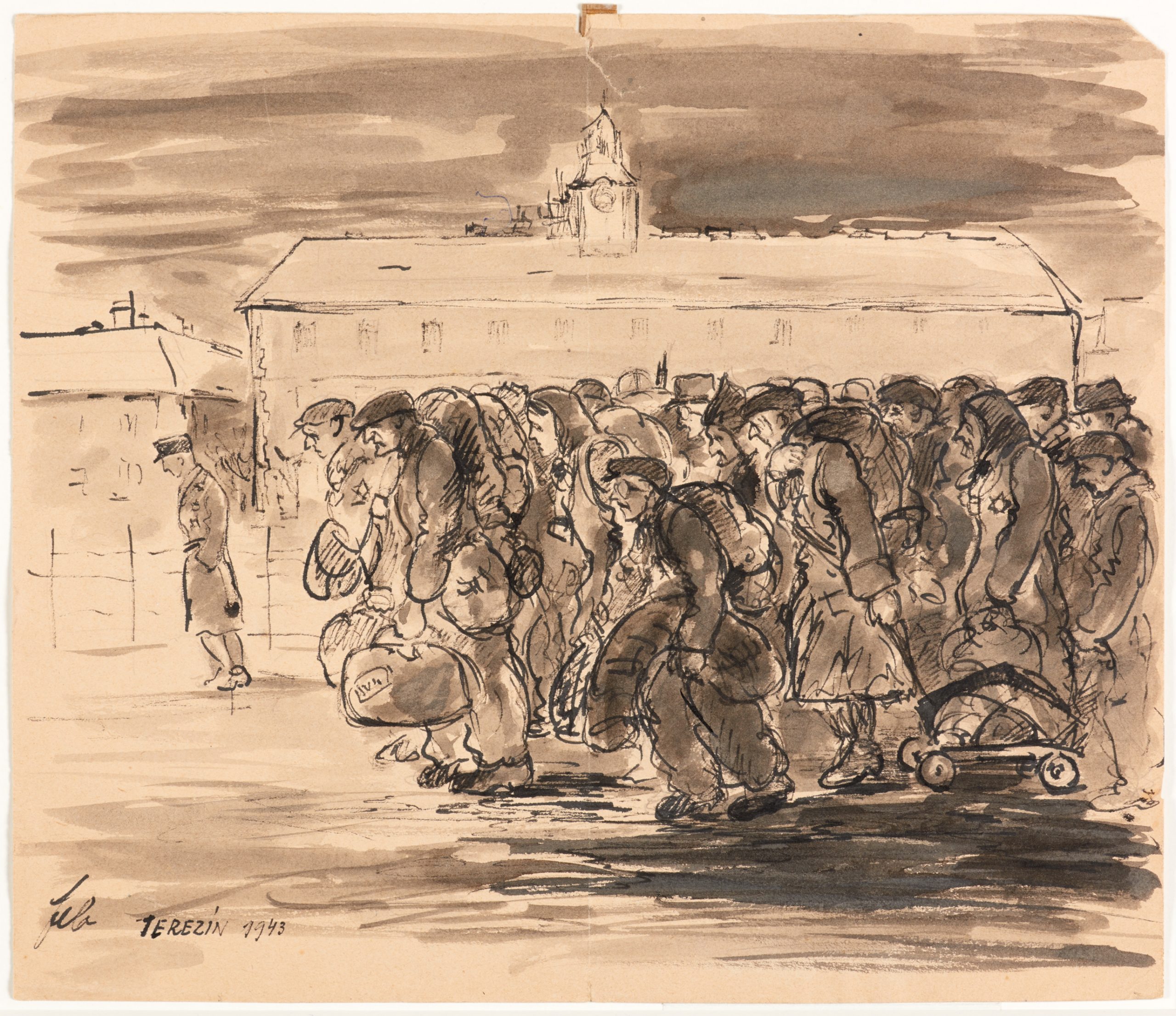 Felix Bloch, Transport aus Wien kommt an, 1943, lavierte Federzeichnung aus dem Konvolut von Käthe Starke-Goldschmidt, Sammlung Altonaer Museum // Foto: SHMH